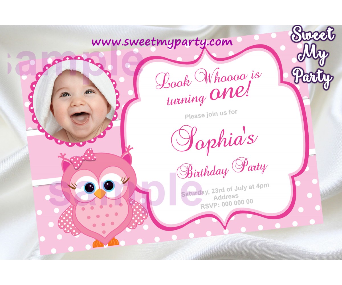 Pink Owl Birthday Party Invitation with photo,Pink Owl Birthday Party invite,(03ok)
